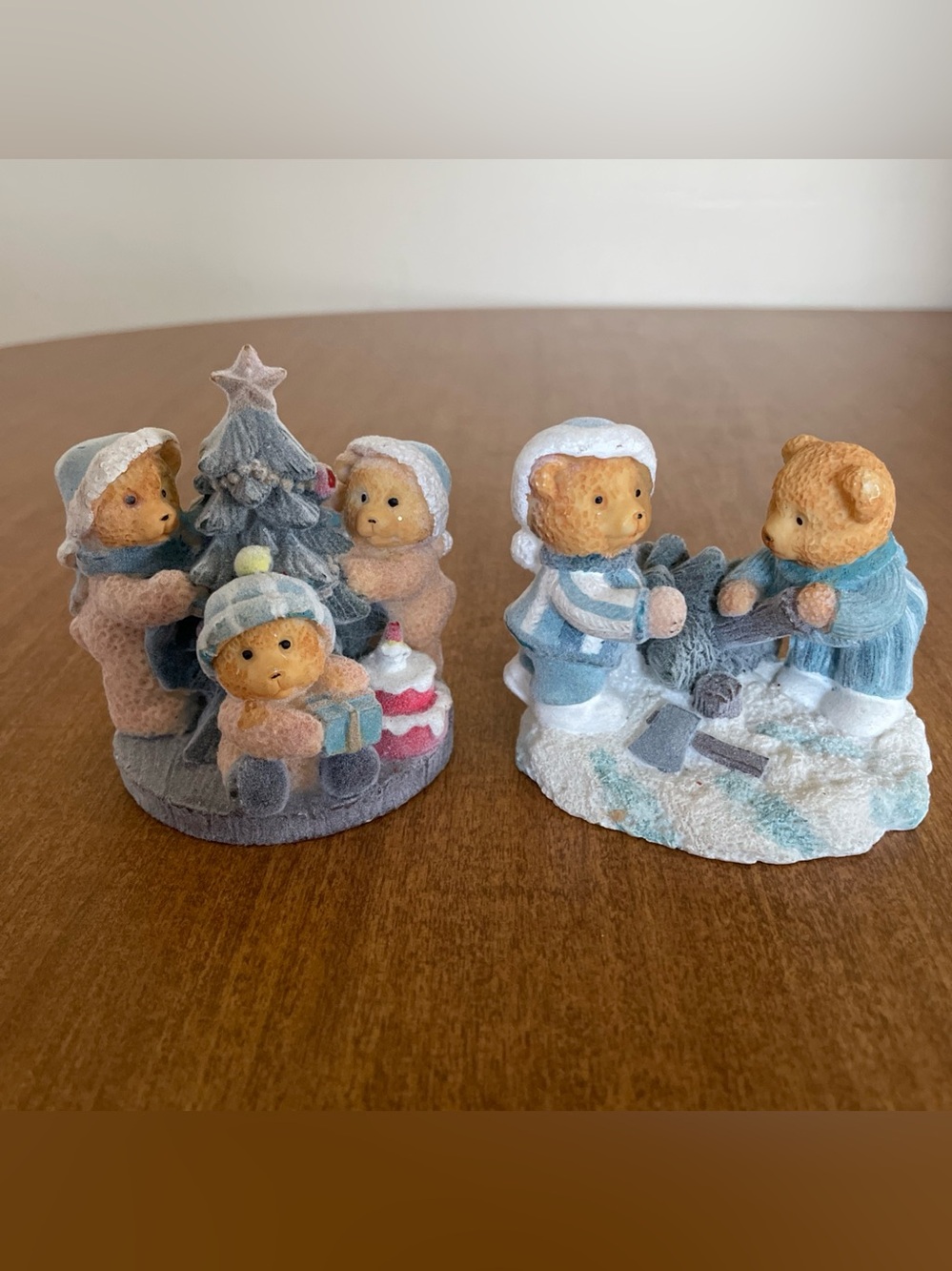 Set of 2 Vintage Flocked Teddy Bear Christmas Figurines